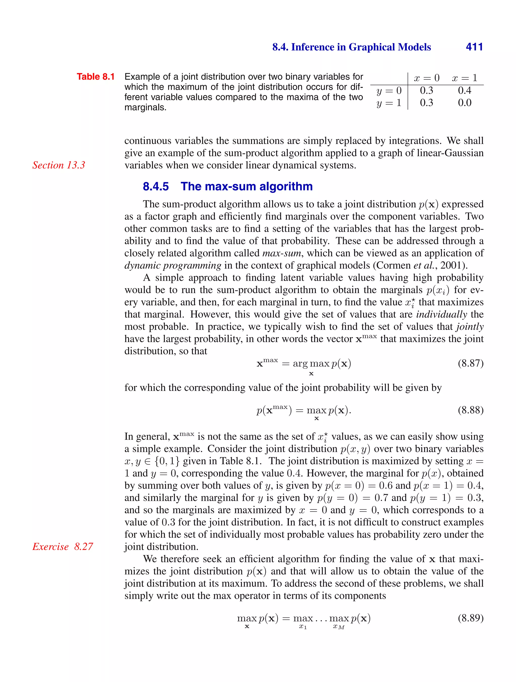 8.4. Inference in Graphical Models 411
Table 8.1 Example of a joint distribution over two binary variables for
which the maximum of the joint distribution occurs for dif-
ferent variable values compared to the maxima of the two
marginals.
x = 0 x = 1
y = 0 0.3 0.4
y = 1 0.3 0.0
continuous variables the summations are simply replaced by integrations. We shall
give an example of the sum-product algorithm applied to a graph of linear-Gaussian
variables when we consider linear dynamical systems.
Section 13.3
8.4.5 The max-sum algorithm
The sum-product algorithm allows us to take a joint distribution p(x) expressed
as a factor graph and efﬁciently ﬁnd marginals over the component variables. Two
other common tasks are to ﬁnd a setting of the variables that has the largest prob-
ability and to ﬁnd the value of that probability. These can be addressed through a
closely related algorithm called max-sum, which can be viewed as an application of
dynamic programming in the context of graphical models (Cormen et al., 2001).
A simple approach to ﬁnding latent variable values having high probability
would be to run the sum-product algorithm to obtain the marginals p(xi) for ev-
ery variable, and then, for each marginal in turn, to ﬁnd the value x
i that maximizes
that marginal. However, this would give the set of values that are individually the
most probable. In practice, we typically wish to ﬁnd the set of values that jointly
have the largest probability, in other words the vector xmax
that maximizes the joint
distribution, so that
xmax
= arg max
x
p(x) (8.87)
for which the corresponding value of the joint probability will be given by
p(xmax
) = max
x
p(x). (8.88)
In general, xmax
is not the same as the set of x
i values, as we can easily show using
a simple example. Consider the joint distribution p(x, y) over two binary variables
x, y ∈ {0, 1} given in Table 8.1. The joint distribution is maximized by setting x =
1 and y = 0, corresponding the value 0.4. However, the marginal for p(x), obtained
by summing over both values of y, is given by p(x = 0) = 0.6 and p(x = 1) = 0.4,
and similarly the marginal for y is given by p(y = 0) = 0.7 and p(y = 1) = 0.3,
and so the marginals are maximized by x = 0 and y = 0, which corresponds to a
value of 0.3 for the joint distribution. In fact, it is not difﬁcult to construct examples
for which the set of individually most probable values has probability zero under the
joint distribution.
Exercise 8.27
We therefore seek an efﬁcient algorithm for ﬁnding the value of x that maxi-
mizes the joint distribution p(x) and that will allow us to obtain the value of the
joint distribution at its maximum. To address the second of these problems, we shall
simply write out the max operator in terms of its components
max
x
p(x) = max
x1
. . . max
xM
p(x) (8.89)
 