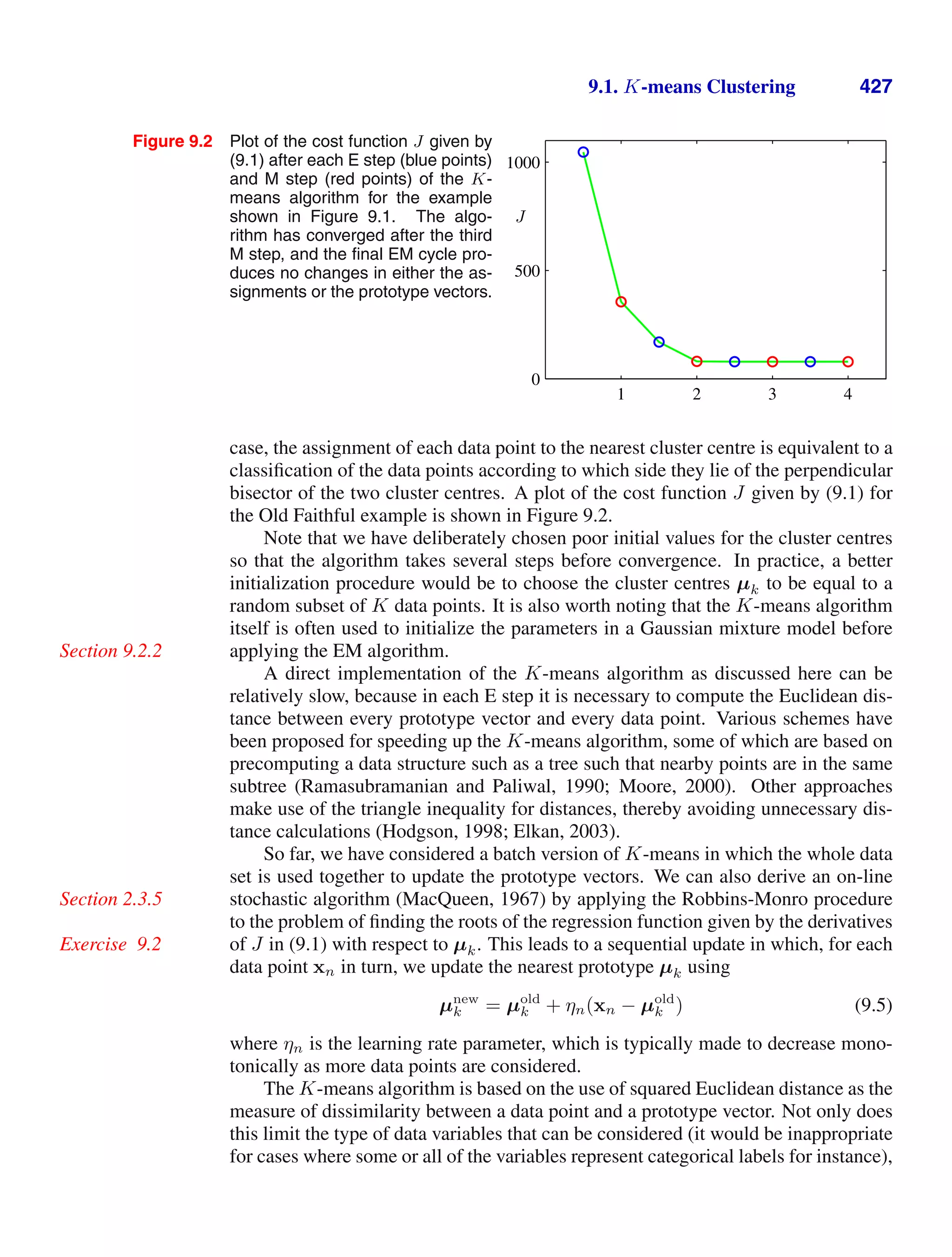 9.1. K-means Clustering 427
Figure 9.2 Plot of the cost function J given by
(9.1) after each E step (blue points)
and M step (red points) of the K-
means algorithm for the example
shown in Figure 9.1. The algo-
rithm has converged after the third
M step, and the ﬁnal EM cycle pro-
duces no changes in either the as-
signments or the prototype vectors.
J
1 2 3 4
0
500
1000
case, the assignment of each data point to the nearest cluster centre is equivalent to a
classiﬁcation of the data points according to which side they lie of the perpendicular
bisector of the two cluster centres. A plot of the cost function J given by (9.1) for
the Old Faithful example is shown in Figure 9.2.
Note that we have deliberately chosen poor initial values for the cluster centres
so that the algorithm takes several steps before convergence. In practice, a better
initialization procedure would be to choose the cluster centres µk to be equal to a
random subset of K data points. It is also worth noting that the K-means algorithm
itself is often used to initialize the parameters in a Gaussian mixture model before
applying the EM algorithm.
Section 9.2.2
A direct implementation of the K-means algorithm as discussed here can be
relatively slow, because in each E step it is necessary to compute the Euclidean dis-
tance between every prototype vector and every data point. Various schemes have
been proposed for speeding up the K-means algorithm, some of which are based on
precomputing a data structure such as a tree such that nearby points are in the same
subtree (Ramasubramanian and Paliwal, 1990; Moore, 2000). Other approaches
make use of the triangle inequality for distances, thereby avoiding unnecessary dis-
tance calculations (Hodgson, 1998; Elkan, 2003).
So far, we have considered a batch version of K-means in which the whole data
set is used together to update the prototype vectors. We can also derive an on-line
stochastic algorithm (MacQueen, 1967) by applying the Robbins-Monro procedure
Section 2.3.5
to the problem of ﬁnding the roots of the regression function given by the derivatives
of J in (9.1) with respect to µk. This leads to a sequential update in which, for each
Exercise 9.2
data point xn in turn, we update the nearest prototype µk using
µnew
k = µold
k + ηn(xn − µold
k ) (9.5)
where ηn is the learning rate parameter, which is typically made to decrease mono-
tonically as more data points are considered.
The K-means algorithm is based on the use of squared Euclidean distance as the
measure of dissimilarity between a data point and a prototype vector. Not only does
this limit the type of data variables that can be considered (it would be inappropriate
for cases where some or all of the variables represent categorical labels for instance),
 