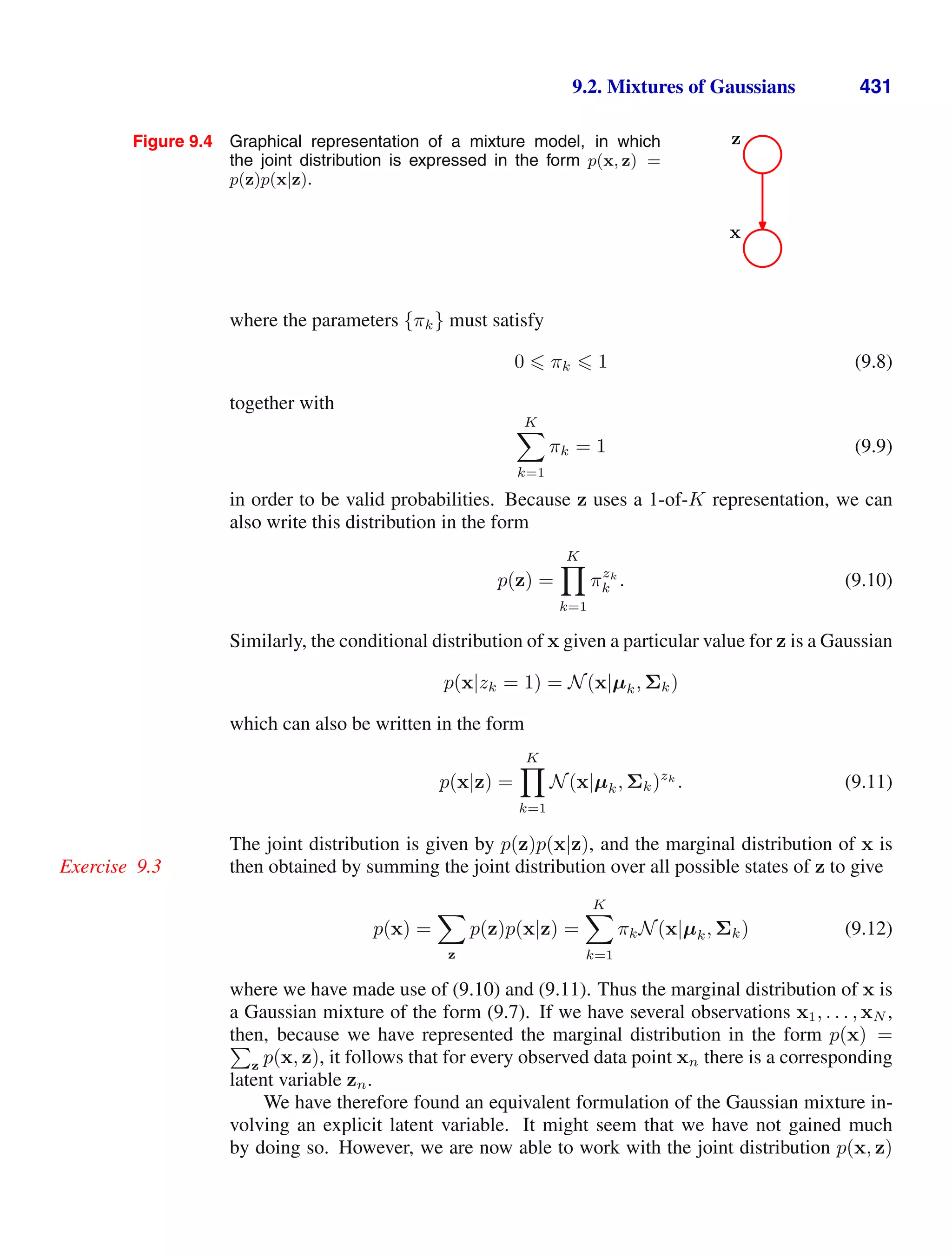 9.2. Mixtures of Gaussians 431
Figure 9.4 Graphical representation of a mixture model, in which
the joint distribution is expressed in the form p(x, z) =
p(z)p(x|z).
x
z
where the parameters {πk} must satisfy
0  πk  1 (9.8)
together with
K

k=1
πk = 1 (9.9)
in order to be valid probabilities. Because z uses a 1-of-K representation, we can
also write this distribution in the form
p(z) =
K

k=1
πzk
k . (9.10)
Similarly, the conditional distribution of x given a particular value for z is a Gaussian
p(x|zk = 1) = N(x|µk, Σk)
which can also be written in the form
p(x|z) =
K

k=1
N(x|µk, Σk)zk
. (9.11)
The joint distribution is given by p(z)p(x|z), and the marginal distribution of x is
then obtained by summing the joint distribution over all possible states of z to give
Exercise 9.3
p(x) =

z
p(z)p(x|z) =
K

k=1
πkN(x|µk, Σk) (9.12)
where we have made use of (9.10) and (9.11). Thus the marginal distribution of x is
a Gaussian mixture of the form (9.7). If we have several observations x1, . . . , xN ,
then, because we have represented the marginal distribution in the form p(x) =

z p(x, z), it follows that for every observed data point xn there is a corresponding
latent variable zn.
We have therefore found an equivalent formulation of the Gaussian mixture in-
volving an explicit latent variable. It might seem that we have not gained much
by doing so. However, we are now able to work with the joint distribution p(x, z)
 