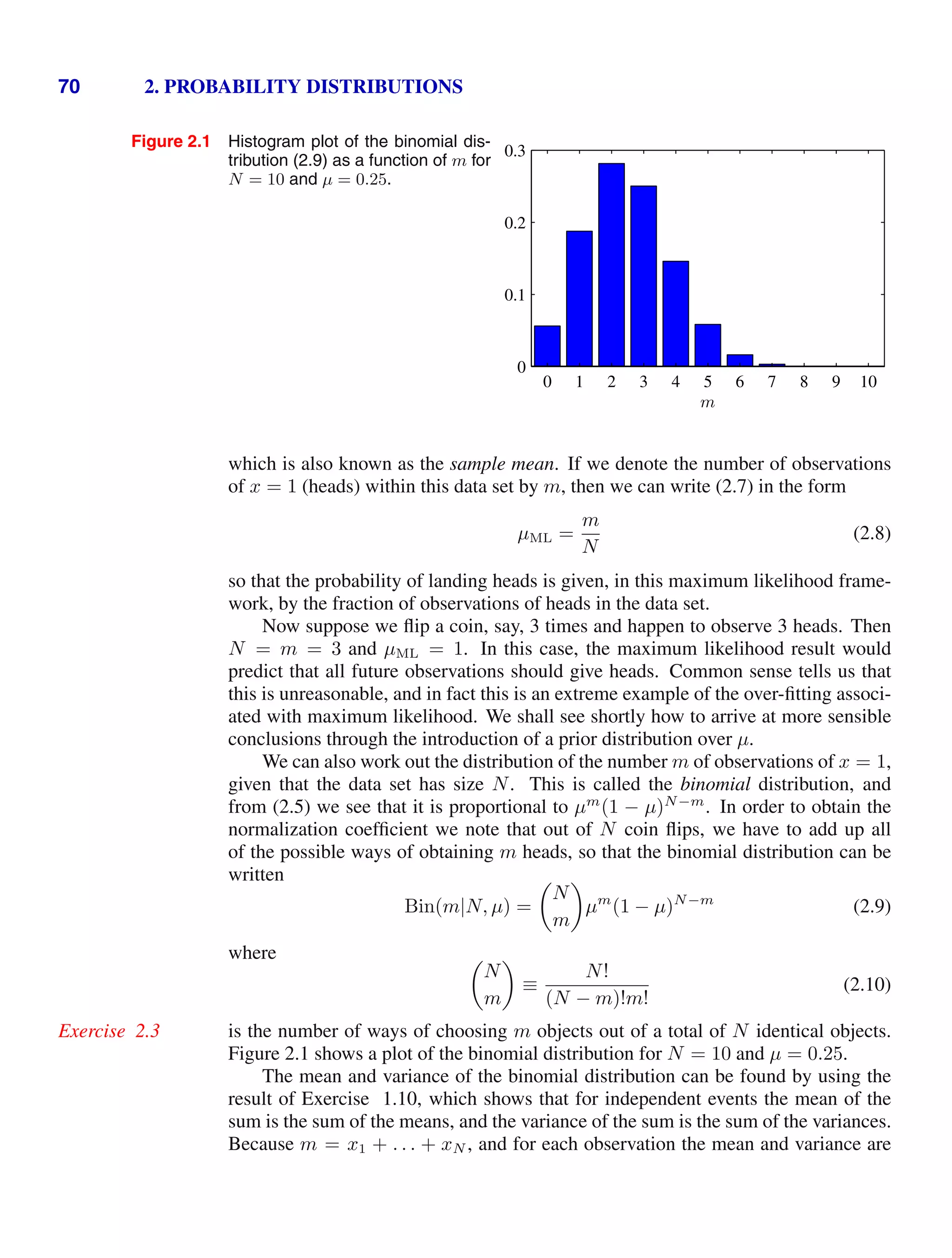 70 2. PROBABILITY DISTRIBUTIONS
Figure 2.1 Histogram plot of the binomial dis-
tribution (2.9) as a function of m for
N = 10 and µ = 0.25.
m
0 1 2 3 4 5 6 7 8 9 10
0
0.1
0.2
0.3
which is also known as the sample mean. If we denote the number of observations
of x = 1 (heads) within this data set by m, then we can write (2.7) in the form
µML =
m
N
(2.8)
so that the probability of landing heads is given, in this maximum likelihood frame-
work, by the fraction of observations of heads in the data set.
Now suppose we ﬂip a coin, say, 3 times and happen to observe 3 heads. Then
N = m = 3 and µML = 1. In this case, the maximum likelihood result would
predict that all future observations should give heads. Common sense tells us that
this is unreasonable, and in fact this is an extreme example of the over-ﬁtting associ-
ated with maximum likelihood. We shall see shortly how to arrive at more sensible
conclusions through the introduction of a prior distribution over µ.
We can also work out the distribution of the number m of observations of x = 1,
given that the data set has size N. This is called the binomial distribution, and
from (2.5) we see that it is proportional to µm
(1 − µ)N−m
. In order to obtain the
normalization coefﬁcient we note that out of N coin ﬂips, we have to add up all
of the possible ways of obtaining m heads, so that the binomial distribution can be
written
Bin(m|N, µ) =

N
m

µm
(1 − µ)N−m
(2.9)
where 
N
m

≡
N!
(N − m)!m!
(2.10)
is the number of ways of choosing m objects out of a total of N identical objects.
Exercise 2.3
Figure 2.1 shows a plot of the binomial distribution for N = 10 and µ = 0.25.
The mean and variance of the binomial distribution can be found by using the
result of Exercise 1.10, which shows that for independent events the mean of the
sum is the sum of the means, and the variance of the sum is the sum of the variances.
Because m = x1 + . . . + xN , and for each observation the mean and variance are
 
