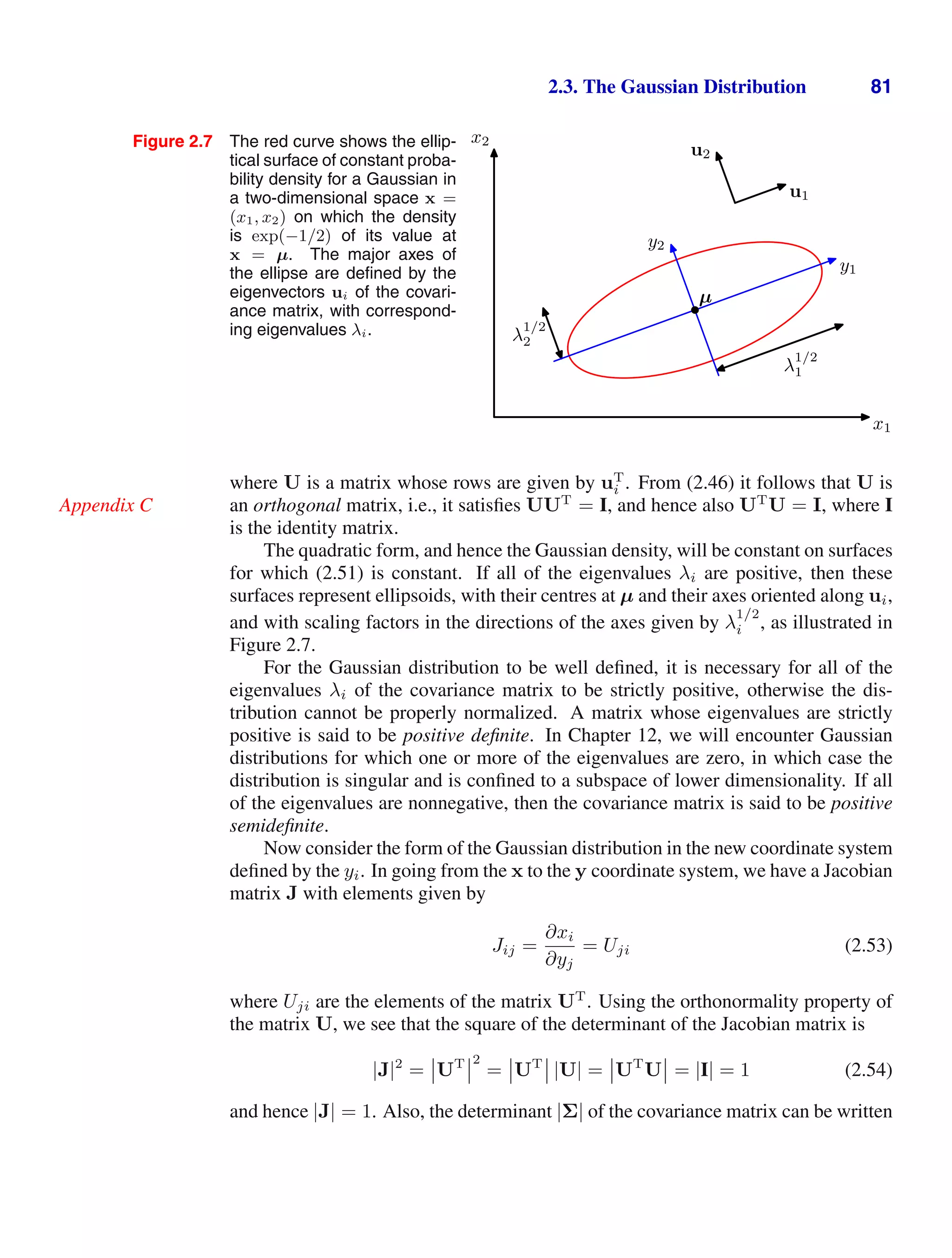 2.3. The Gaussian Distribution 81
Figure 2.7 The red curve shows the ellip-
tical surface of constant proba-
bility density for a Gaussian in
a two-dimensional space x =
(x1, x2) on which the density
is exp(−1/2) of its value at
x = µ. The major axes of
the ellipse are deﬁned by the
eigenvectors ui of the covari-
ance matrix, with correspond-
ing eigenvalues λi.
x1
x2
λ
1/2
1
λ
1/2
2
y1
y2
u1
u2
µ
where U is a matrix whose rows are given by uT
i . From (2.46) it follows that U is
an orthogonal matrix, i.e., it satisﬁes UUT
= I, and hence also UT
U = I, where I
Appendix C
is the identity matrix.
The quadratic form, and hence the Gaussian density, will be constant on surfaces
for which (2.51) is constant. If all of the eigenvalues λi are positive, then these
surfaces represent ellipsoids, with their centres at µ and their axes oriented along ui,
and with scaling factors in the directions of the axes given by λ
1/2
i , as illustrated in
Figure 2.7.
For the Gaussian distribution to be well deﬁned, it is necessary for all of the
eigenvalues λi of the covariance matrix to be strictly positive, otherwise the dis-
tribution cannot be properly normalized. A matrix whose eigenvalues are strictly
positive is said to be positive deﬁnite. In Chapter 12, we will encounter Gaussian
distributions for which one or more of the eigenvalues are zero, in which case the
distribution is singular and is conﬁned to a subspace of lower dimensionality. If all
of the eigenvalues are nonnegative, then the covariance matrix is said to be positive
semideﬁnite.
Now consider the form of the Gaussian distribution in the new coordinate system
deﬁned by the yi. In going from the x to the y coordinate system, we have a Jacobian
matrix J with elements given by
Jij =
∂xi
∂yj
= Uji (2.53)
where Uji are the elements of the matrix UT
. Using the orthonormality property of
the matrix U, we see that the square of the determinant of the Jacobian matrix is
|J|2
=

UT

2
=

UT

 |U| =

UT
U

 = |I| = 1 (2.54)
and hence |J| = 1. Also, the determinant |Σ| of the covariance matrix can be written
 