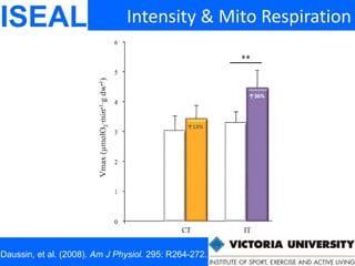 ISEAL Intensity & Mito Respiration
Daussin, et al. (2008). Am J Physiol. 295: R264-272.
↑36%
↑13%
 