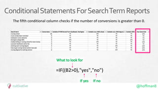 @hoffman8
ConditionalStatementsForSearchTermReports
The fifth conditional column checks if the number of conversions is greater than 0.
=IF((B2>0),"yes","no")
 