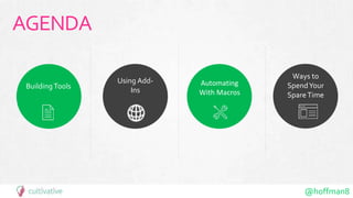 @hoffman8
AGENDA
Building Tools
Using Add-
Ins
Automating
With Macros
Ways to
SpendYour
SpareTime
 