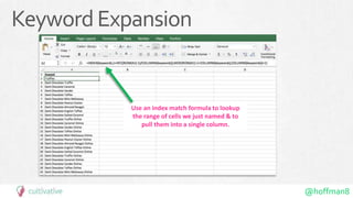 @hoffman8
KeywordExpansion
Use an index match formula to lookup
the range of cells we just named & to
pull them into a single column.
 