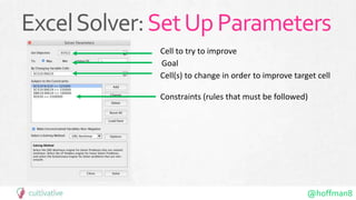 @hoffman8
ExcelSolver:SetUpParameters
Cell to try to improve
Cell(s) to change in order to improve target cell
Constraints (rules that must be followed)
Goal
 
