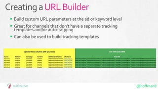 @hoffman8
CreatingaURLBuilder
 Build custom URL parameters at the ad or keyword level
 Great for channels that don’t have a separate tracking
templates and/or auto-tagging
 Can also be used to build tracking templates
 