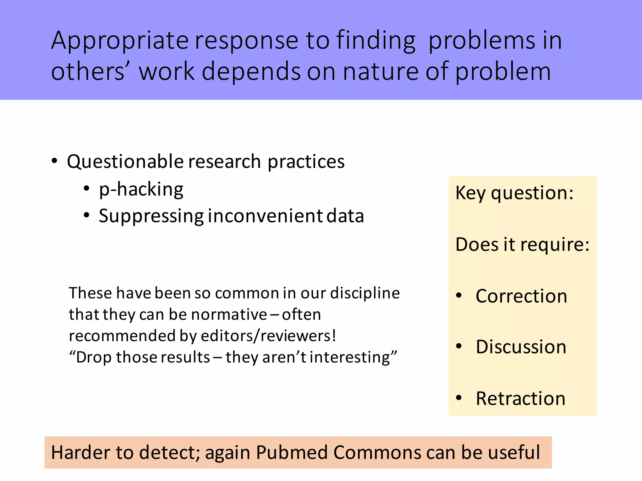 Appropriate	response	to	finding		problems	in	
others’	work	depends	on	nature	of	problem
• Questionable	research	practices
• p-hacking
• Suppressing	inconvenient	data
Key	question:
Does	it	require:
• Correction
• Discussion
• Retraction
Harder	to	detect;	again	Pubmed Commons	can	be	useful
These	have	been	so	common	in	our	discipline	
that	they	can	be	normative	– often	
recommended	by	editors/reviewers!
“Drop	those	results	– they	aren’t	interesting”
 