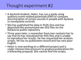 Thought	experiment	#2
• A	doctoral	student,	Helen,	has	run	a	study	using	
auditory	event-related	potentials	(ERP)	to	compare	
discrimination	of	certain	sounds	in	people	with	dyslexia	
vs	nondyslexic controls
• She	has	published	the	data	in	PLOS	One	and	has	
deposited	the	anonymised raw	EEG	files	on	the	
Dataverse public	repository
• Three	years	later,	a	researcher	from	Iran	contacts	her	to	
say	that	he	has	reanalysed her	EEG	files	and	is	unable	
to	reproduce	her	results.	He	has	requested	her	analysis	
scripts.	He	has	no	publication	record	and	has	very	poor	
English.
• Helen	is	now	working	on	a	different	project	and	is	
under	intense	time	pressure	to	produce	publications	for	
a	fellowship	proposal.	She	cannot	find	the	scripts.
 