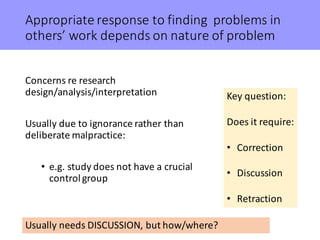 Appropriate	response	to	finding		problems	in	
others’	work	depends	on	nature	of	problem
Concerns	re	research	
design/analysis/interpretation
Usually	due	to	ignorance	rather	than	
deliberate	malpractice:
• e.g.	study	does	not	have	a	crucial	
control	group
Key	question:
Does	it	require:
• Correction
• Discussion
• Retraction
Usually	needs	DISCUSSION,	but	how/where?
 