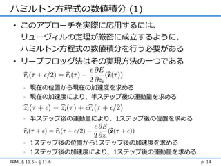 ハミルトン方程式の数値積分 (1)
 • このアプローチを実際に応用するには、
   リューヴィルの定理が厳密に成立するように、
   ハミルトン方程式の数値積分を行う必要がある
 • リープフロッグ法はその実現方法の一つである


      -   現在の位置から現在の加速度を求める
      -   現在の加速度により、半ステップ後の運動量を求める


      -   半ステップ後の運動量により、1ステップ後の位置を求める


      -   1ステップ後の位置から1ステップ後の加速度を求める
      -   1ステップ後の加速度により、1ステップ後の運動量を求める
PRML § 11.5 - § 11.6                     p. 14
 