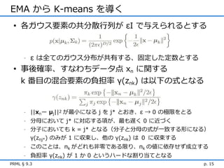 EMA から K-means を導く
 • 各ガウス要素の共分散行列が εI で与えられるとする


      -   ε は全てのガウス分布が共有する、固定した定数とする
 • 事後確率、すなわちデータ点 xn に関する
   k 番目の混合要素の負担率 γ(znk) は以下の式となる


      -   ||xnー μj||2 が最小になる j を j* とおき、ε → 0 の極限をとる
      -   分母において j* に対応する項が、最も遅く 0 に近づく
      -   分子においても k = j* となる（分子と分母の式が一致する形になる）
          γ(znj*) のみが 1 に収束し、他の γ(znk) は ０ に収束する
      -   このことは、πk がどれも非零である限り、πk の値に依存せず成立する
      -   負担率 γ(znk) が 1 か 0 というハードな割り当てとなる
PRML § 9.3                                             p. 15
 
