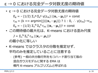 ε → 0 における完全データ対数尤度の期待値
 • ε → 0 における完全データ対数尤度の期待値
          Ez = - (1/2) ΣnN ΣkK γ(znk) ||xn - μk||2 + const
          rnk = (k == argmin(j)||xn - μj||) ? 1 : 0, ∴ γ(znk)→rnk
          Ez = - (1/2) ΣnN ΣkK rnk ||xn - μk||2 + const
 • この期待値の最大化は、K-means における歪み尺度
          J = ΣnN ΣkK rnk ||xnー μk||2
    の最小化に等しい
 • K-means ではクラスタの分散を推定せず、
   平均のみを推定していることに注意する
      -   (参考) 一般の共分散行列をもつハード割り当て版の
          混合ガウスモデルに関する EMA は
          楕円 K-means アルゴリズムと呼ばれる
PRML § 9.3                                                     p. 16
 