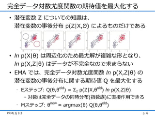 完全データ対数尤度関数の期待値を最大化する
 • 潜在変数 Z についての知識は、
   潜在変数の事後分布 p(Z|X,Θ) によるものだけである




 • ln p(X|θ) は周辺化のため最尤解が複雑な形となり、
   ln p(X,Z|θ) はデータが不完全なので求まらない
 • EMA では、完全データ対数尤度関数 ln p(X,Z|θ) の
   潜在変数の事後分布に関する期待値 Q を最大化する
      -   Eステップ: Q(θ,θold) = Σz p(Z|X,θold) ln p(X,Z|θ)
             •   対数は完全データの同時分布(指数族)に直接作用できる
      -   Mステップ: θnew = argmax(θ) Q(θ,θold)
PRML § 9.3                                                p. 6
 