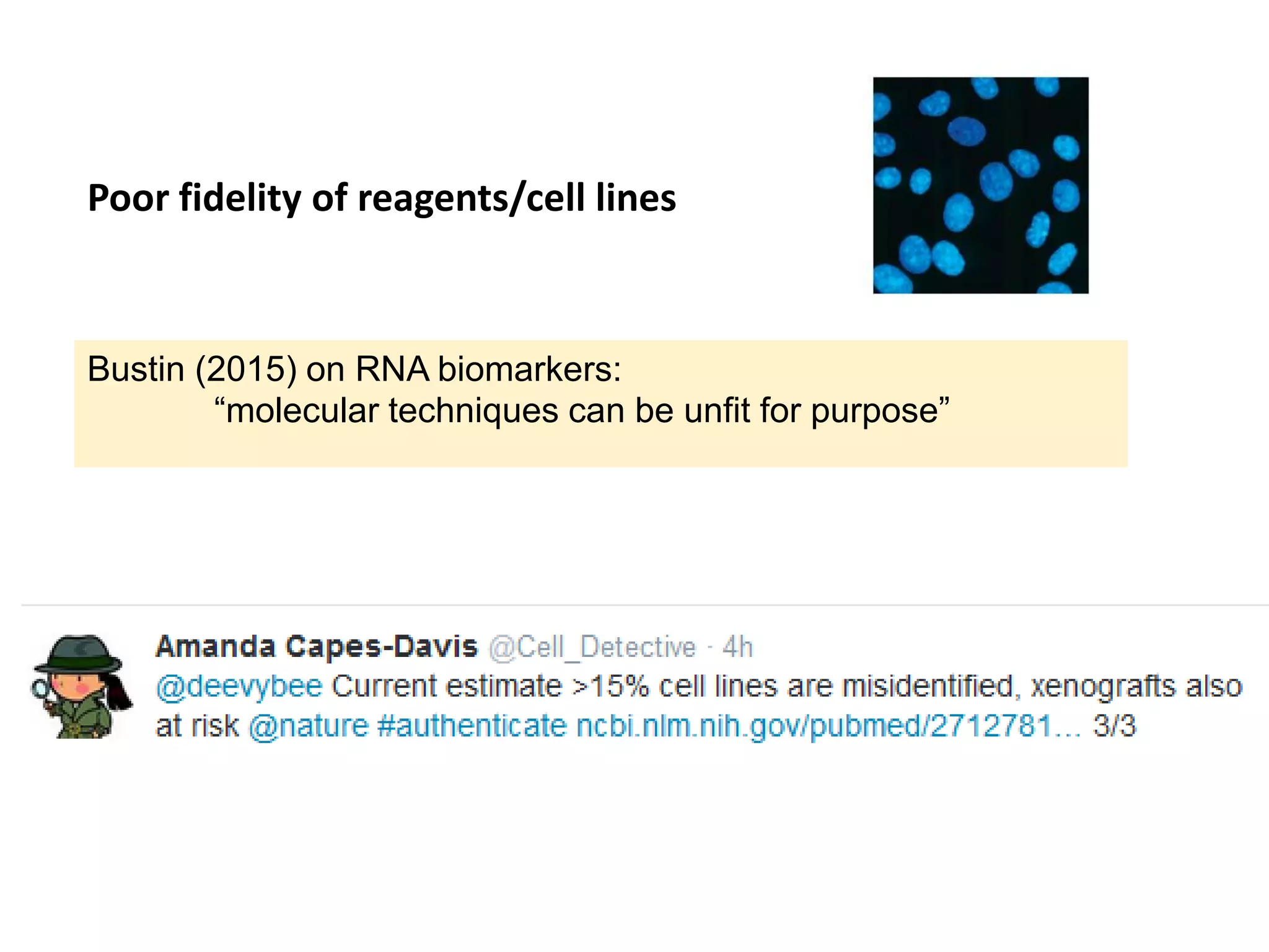 Bustin (2015) on RNA biomarkers:
“molecular techniques can be unfit for purpose”
Poor fidelity of reagents/cell lines
 