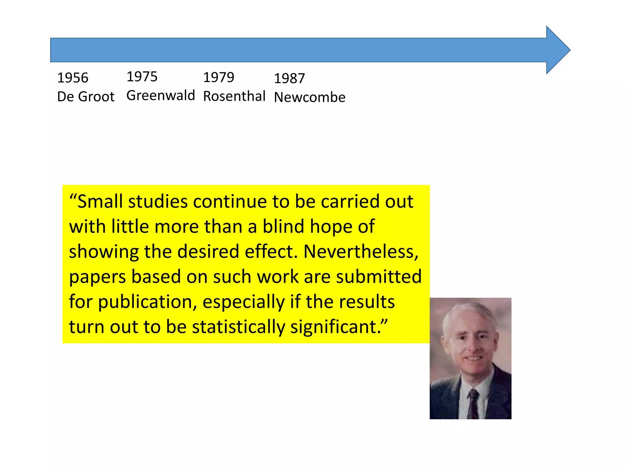 1956
De Groot
1975
Greenwald
1987
Newcombe
“Small studies continue to be carried out
with little more than a blind hope of
showing the desired effect. Nevertheless,
papers based on such work are submitted
for publication, especially if the results
turn out to be statistically significant.”
1979
Rosenthal
 