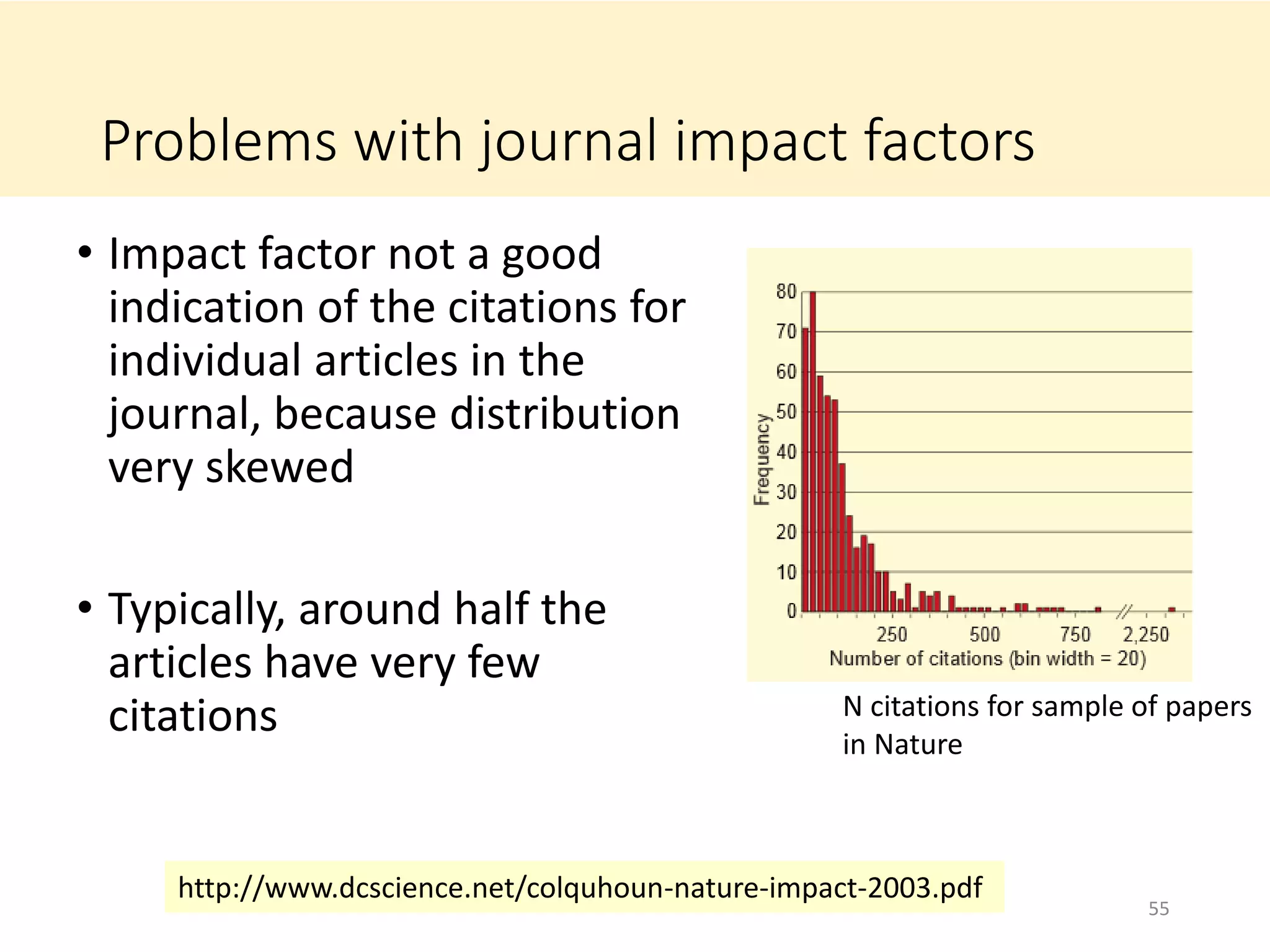 Problems with journal impact factors
• Impact factor not a good
indication of the citations for
individual articles in the
journal, because distribution
very skewed
• Typically, around half the
articles have very few
citations
55
http://www.dcscience.net/colquhoun-nature-impact-2003.pdf
N citations for sample of papers
in Nature
 