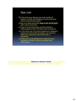 1 Tim. 3:8-12
8 In the same way, deacons are to be worthy of respect, sincere, not indulging in
much wine, and not pursuing dishonest gain.
9 They must keep hold of the deep truths of the faith with a clear conscience.
10 They must first be tested; and then if there is nothing against them, let them
serve as deacons.
11 In the same way, the women [deacons or deacon's wives] are to be worthy of
respect, not malicious talkers but temperate and trustworthy in everything
12 A deacon must be faithful to his wife and must manage his children and his
household well.




                                                                                    25
 