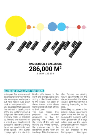 286,000 M2
5.4 FAR | .46 BCR
Apartments
85,000
SQ. M.
Maker
Housing
13,000
SQ. M.
Co-Living
7,400
SQ. M.
Townhouse
33,300
SQ. M.
Class A Office
25,000
SQ. M.
Co-Working
25,000
SQ. M.
Retail
11,500
SQ. M.
Conference
Center
10,000
SQ. M.
Media
Labs
1,000
SQ. M.
Social
Infrastructure
11,500
SQ. M.
APARTM
ENTS
105,000M2
M
AKER
HOUSING
13,000M2
CO-LIVING
7,400M2
TOW
NHOUSE
23,300M2
CLASS
A
OFFICE
45,000M2
CO-W
ORKING
45,000M2
CONFERENCECENTER
10,000M2
M
EDIA
LABS
1,000M2
RETAIL
11,500M2
SOCIALINFRASTRUCTURE
11,500M2
HAMMERSON & BALLYMORE
In the past few years several
developers have viewed this
site as an opportunity space
but have faced huge push
back in these proposals.
One developer that has gone
the furthest in development
of the site is Hammerson &
Ballymore. The development
program peaks at 286,000
sq. meters and focuses on
a mixed use development
acrossthesitewithaprimary
focus on apartments and
office space. The overall
concept splits the site into
CURRENT DEVELOPER PROPOSAL
blocks with towers to the
north and a large public park
sitting on the historic arches
to the south. The scale of
these towers steps down
from Shoreditch High Street
to Brick Lane.
The main reason this
proposal has received
resistance is that by
pushing the towers to
the north of the site and
making the towers very tall,
the shadows cast on the
residences on the North are
too large. This development
also focuses on placing
luxury apartments on the
site, which adds to the whole
issue of gentrification that is
currently happening in this
area.
Several key successes in this
project include maximizing
open space on the site by
pushing the buildings to the
north, placement of a large
public park on the south,
and preservation of most of
the historic arches.
For our proposal to the
Bishopsgate Goodsyard
 