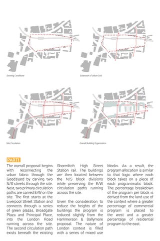 Existing Conditions
Site Circulation
Extension of Urban Grid
Overall Building Organization
PARTI
The overall proposal begins
with reconnecting the
urban fabric through the
Goodsyard by carving two
N/S streets through the site.
Next, two primary circulation
paths are carved E/W on the
site. The first starts at the
Liverpool Street Station and
connects through a series
of green plazas, Broadgate
Plaza and Principal Place,
into the London Road
running across the site.
The second circulation path
exists beneath the existing
Shoreditch High Street
Station rail. The buildings
are then located between
the N/S block divisions
while preserving the E/W
circulation paths running
across the site.
Given the consideration to
reduce the heights of the
buildings the program is
reduced slightly from the
Hammerson & Ballymore
proposal. The nature of
London context is filled
with a series of mixed use
blocks. As a result, the
program allocation is similar
to that logic where each
block takes on a piece of
each programmatic block.
The percentage breakdown
of the program per block is
derived from the land use of
the context where a greater
percentage of commercial
program is placed to
the west and a greater
percentage of residential
program to the east.
 