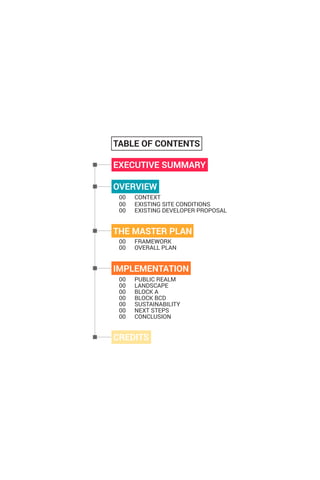 TABLE OF CONTENTS
OVERVIEW
EXECUTIVE SUMMARY
THE MASTER PLAN
IMPLEMENTATION
CREDITS
00 CONTEXT
00 EXISTING SITE CONDITIONS
00 EXISTING DEVELOPER PROPOSAL
00 FRAMEWORK
00 OVERALL PLAN
00 PUBLIC REALM
00 LANDSCAPE
00 BLOCK A
00 BLOCK BCD
00 SUSTAINABILITY
00 NEXT STEPS
00 CONCLUSION
 