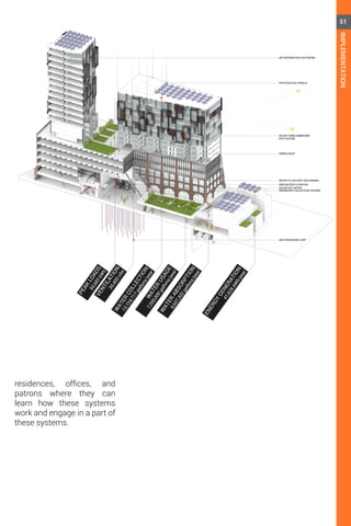 GEO-EXCHANGE LOOP
RAINWATER COLLECTION CISTERN
GREYWATER FILTRATION
SOLAR HOT WATER
WATER TO AIR HEAT EXCHANGER
GREEN ROOF
SOLAR TUBES EMBEDDED
INTO FACADE
PHOTOVOLTAIC PANELS
AIR DISTRIBUTION DUCTWORK
ENERGY
GENERATION
41,626kWh/year
W
ATER
USAGE
7,200,000gallons/year
W
ATER
COLLECTION
13,724,717gallons/year
PEAK
LOADS
55,683kWh
VENTILATION
30,400cfm
W
ATER
ABSORPTION
9,607,302gallons/year
residences, offices, and
patrons where they can
learn how these systems
work and engage in a part of
these systems.
51
IMPLEMENTATION
 