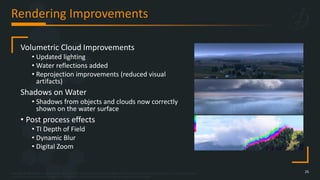 Copyright © 2023 Bohemia Interactive Simulations | All other trademarks or copyrights are the property of their respective owners. All Rights Reserved.
Use or disclosure of the data contained on this sheet is subject to the restriction on the title page of this document.
Rendering Improvements
25
Volumetric Cloud Improvements
• Updated lighting
• Water reflections added
• Reprojection improvements (reduced visual
artifacts)
Shadows on Water
• Shadows from objects and clouds now correctly
shown on the water surface
• Post process effects
• TI Depth of Field
• Dynamic Blur
• Digital Zoom
 