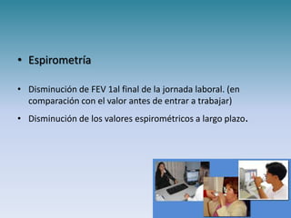 • Espirometría

• Disminución de FEV 1al final de la jornada laboral. (en
  comparación con el valor antes de entrar a trabajar)
• Disminución de los valores espirométricos a largo plazo.
 