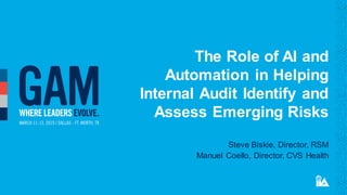 The Role of AI and
Automation in Helping
Internal Audit Identify and
Assess Emerging Risks
Steve Biskie, Director, RSM
Manuel Coello, Director, CVS Health
 