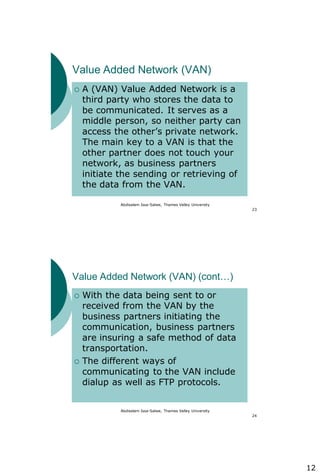 12
Abdisalam Issa-Salwe, Thames Valley University
23
Value Added Network (VAN)
 A (VAN) Value Added Network is a
third pa...