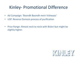 Kinley- Promotional Difference
• Ad Campaign: ‘Boondh Boondh mein Vishwaas’
• USP: Reverse Osmosis process of purification
• Price Range: Almost neck to neck with Bisleri but might be
slightly higher.
 