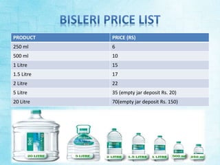 PRODUCT PRICE (RS) 
250 ml 6 
500 ml 10 
1 Litre 15 
1.5 Litre 17 
2 Litre 22 
5 Litre 35 (empty jar deposit Rs. 20) 
20 Litre 70(empty jar deposit Rs. 150) 
 