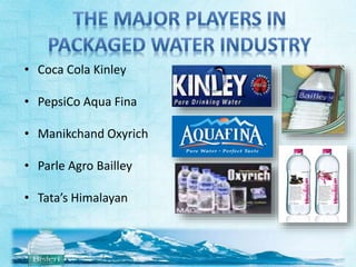 • Coca Cola Kinley 
• PepsiCo Aqua Fina 
• Manikchand Oxyrich 
• Parle Agro Bailley 
• Tata’s Himalayan 
 