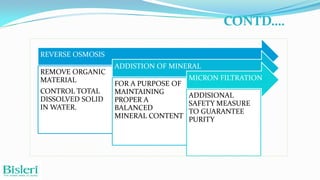CONTD….
REVERSE OSMOSIS
REMOVE ORGANIC
MATERIAL
CONTROL TOTAL
DISSOLVED SOLID
IN WATER.

ADDISTION OF MINERAL
FOR A PURPOSE OF
MAINTAINING
PROPER A
BALANCED
MINERAL CONTENT

MICRON FILTRATION
ADDISIONAL
SAFETY MEASURE
TO GUARANTEE
PURITY

 