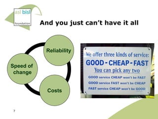 And you just can’t have it all



            Reliability

Speed of
 change


             Costs


 7
 