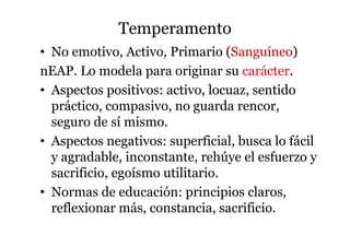 Temperamento
• No emotivo, Activo, Primario (Sanguíneo)
nEAP. Lo modela para originar su carácter.
• Aspectos positivos: activo, locuaz, sentido
práctico, compasivo, no guarda rencor,
seguro de sí mismo.
• Aspectos negativos: superficial, busca lo fácil
y agradable, inconstante, rehúye el esfuerzo y
sacrificio, egoísmo utilitario.
• Normas de educación: principios claros,
reflexionar más, constancia, sacrificio.
 