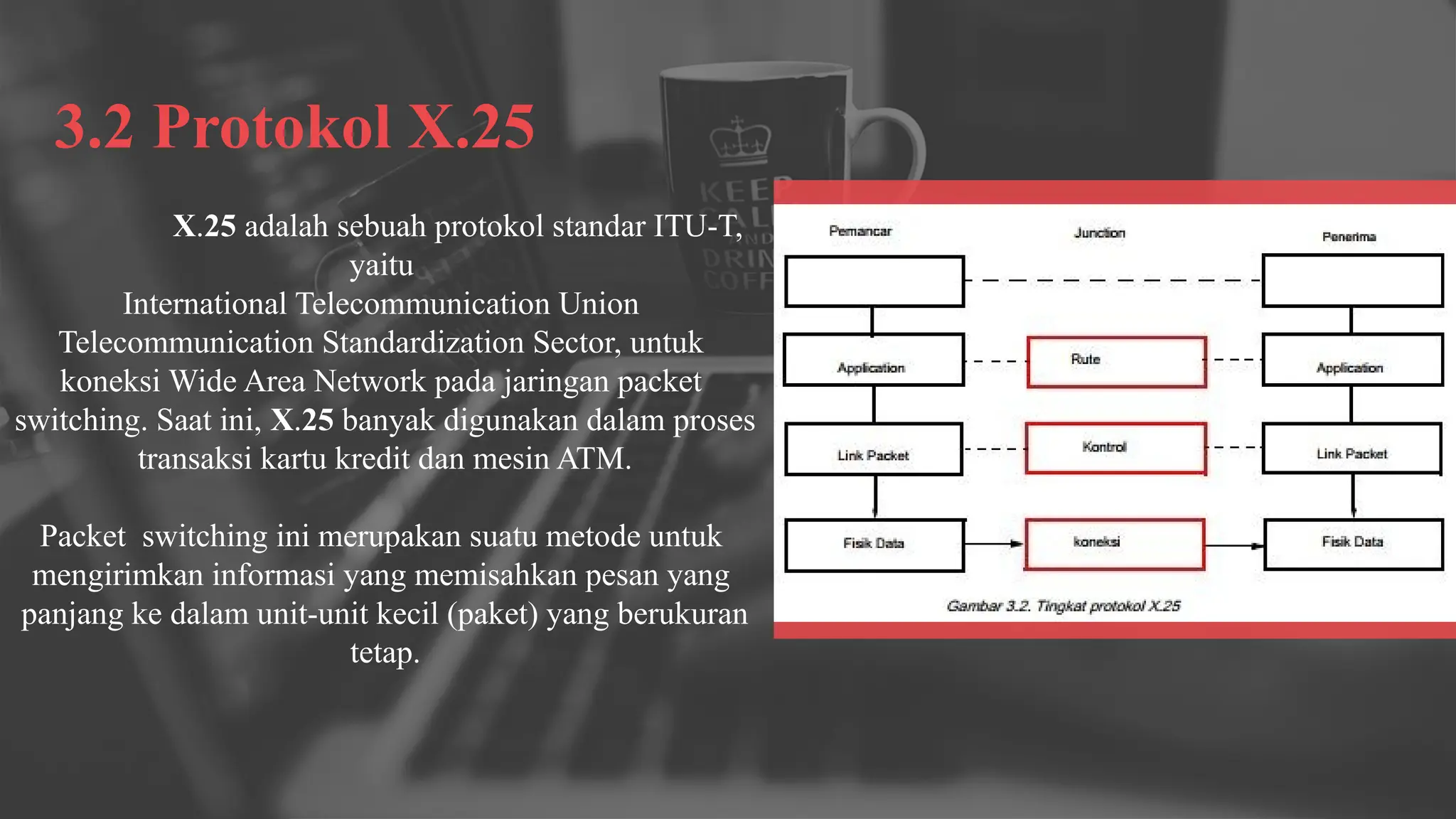 3.2 Protokol X.25
X.25 adalah sebuah protokol standar ITU-T,
yaitu
International Telecommunication Union
Telecommunication Standardization Sector, untuk
koneksi Wide Area Network pada jaringan packet
switching. Saat ini, X.25 banyak digunakan dalam proses
transaksi kartu kredit dan mesin ATM.
Packet switching ini merupakan suatu metode untuk
mengirimkan informasi yang memisahkan pesan yang
panjang ke dalam unit-unit kecil (paket) yang berukuran
tetap.
 