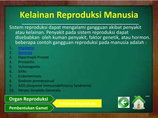 Kelainan Reproduksi Manusia
Sistem reproduksi dapat mengalami gangguan akibat penyakit
atau kelainan. Penyakit pada sistem reproduksi dapat
disebabkan oleh kuman penyakit, faktor genetik, atau hormon.
beberapa contoh gangguan reproduksi pada manusia adalah :
1. Impotensi
2. Gonorea
3. Hipertropik Prostat
4. Prostatitis
5. Vulvovaginitis
6. Sifilis
7. Endometriosis
8. Sindrom premenstrual
9. AIDS (Acquired Immunodeficiency Syndrome)
10. Herpes Simpleks Genetalis
Organ Reproduksi
Pembentukan Gamet
Kelainan Reproduksi
 