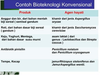 Contoh Bioteknologi Konvensional
Produk

Agen hayati

Anggur dan bir, dari bahan mentah
biji sereal ( semisal gandum

khamir dari jenis Aspergillus
oryzae

Roti, dari bahan dasar biji sereal
( gandum )

khamir dari jenis Saccharomyces
cerevisiae

Keju, Yoghurt, Mentega,
dari bahan dasar susu murni

asam laktat ( dari
genus : Lactobacillus dan Strepto
coccus )

Antibiotik pinisilin

Penicillium notatum
dan Penicillium crysogenum

Tempe, Kecap

jamurRhizopus stoloniferus dan
JamurAspergillus wentii.

 
