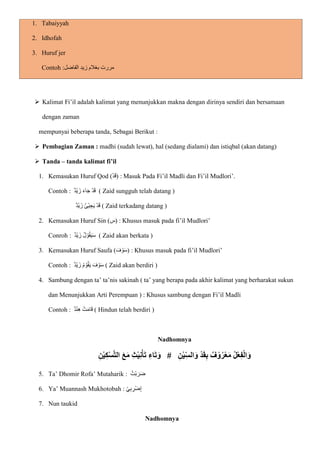 1. Tabaiyyah
2. Idhofah
3. Huruf jer
Contoh :‫الفاضل‬ ‫زيد‬ ‫بغالم‬ ‫مررت‬
 Kalimat Fi’il adalah kalimat yang menunjukkan makna dengan dirinya sendiri dan bersamaan
dengan zaman
mempunyai beberapa tanda, Sebagai Berikut :
 Pembagian Zaman : madhi (sudah lewat), hal (sedang dialami) dan istiqbal (akan datang)
 Tanda – tanda kalimat fi’il
1. Kemasukan Huruf Qod (ْ‫د‬‫ا‬‫ق‬) : Masuk Pada Fi’il Madli dan Fi’il Mudlori’.
Contoh : ‫ْد‬‫ي‬ ‫زا‬ ‫ا‬‫ء‬‫ا‬‫ا‬‫ج‬ ْ‫د‬‫ا‬‫ق‬ ( Zaid sungguh telah datang )
‫ا‬‫ي‬ ْ‫د‬‫ا‬‫ق‬
‫ْد‬‫ي‬ ‫زا‬ ُ‫ئ‬ْ‫ي‬ ِ‫ج‬ ( Zaid terkadang datang )
2. Kemasukan Huruf Sin (‫)س‬ : Khusus masuk pada fi’il Mudlori’
Conroh : ‫ْد‬‫ي‬ ‫زا‬ ُ‫ل‬ ْ‫و‬ُ‫ق‬‫ا‬‫ي‬‫ا‬‫س‬ ( Zaid akan berkata )
3. Kemasukan Huruf Saufa ( ‫ا‬
‫ف‬ ْ‫و‬‫ا‬‫س‬) : Khusus masuk pada fi’il Mudlori’
Contoh : ‫ْد‬‫ي‬ ‫زا‬ ُ‫م‬ ْ‫و‬ُ‫ق‬‫ا‬‫ي‬ ‫ا‬‫ف‬ ْ‫و‬‫ا‬‫س‬ ( Zaid akan berdiri )
4. Sambung dengan ta’ ta’nis sakinah ( ta’ yang berapa pada akhir kalimat yang berharakat sukun
dan Menunjukkan Arti Perempuan ) : Khusus sambung dengan Fi’il Madli
Contoh : ‫د‬ْ‫ن‬ِ‫ه‬ ْ‫ت‬‫ا‬‫م‬‫ا‬‫ا‬‫ق‬ ( Hindun telah berdiri )
Nadhomnya
ِ‫ن‬ْ‫ي‬ِ‫ك‬ْ‫س‬َّ‫ت‬‫ال‬ َ‫ع‬َ‫م‬ ِ‫ث‬ْ‫ي‬ِ‫ن‬ْ‫أ‬َ‫ت‬ ِ‫اء‬َ‫ت‬َ‫و‬ # ِ‫ن‬ْ‫ي‬ِ‫الس‬َ‫و‬ ْ‫د‬َ‫ق‬ِ‫ب‬ ٌ‫ف‬ ْ‫و‬ُ‫ر‬ْ‫ع‬َ‫م‬ ُ‫ل‬ْ‫ع‬ِ‫ف‬ْ‫ل‬‫ا‬َ‫و‬
5. Ta’ Dhomir Rofa’ Mutaharik : ُ‫ْت‬‫ب‬ ‫ا‬‫ر‬‫ا‬‫ض‬
6. Ya’ Muannash Mukhotobah : ِ‫إ‬
ْ‫ي‬ِ‫ب‬ ِ
‫ْر‬‫ض‬
7. Nun taukid
Nadhomnya
 