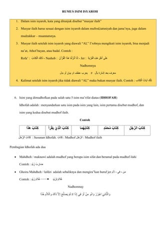RUMUS ISIM ISYAROH
1. Dalam isim isyaroh, kata yang ditunjuk disebut “musyar ilaih”
2. Musyar ilaih harus sesuai dengan isim isyaroh dalam mufrod,tatsniyah dan jama’nya, juga dalam
mudzakkar – muannatsnya.
3. Musyar ilaih setelah isim isyaroh yang diawali “AL” I’robnya mengikuti isim isyaroh, bisa menjadi
na’at, Athof bayan, atau badal. Contoh :
Rofa’ : ُ‫ااب‬‫ت‬ِ‫ك‬ْ‫ال‬ ‫ا‬‫ك‬ِ‫ل‬‫ا‬‫ا‬‫ذ‬ - Nashob : ‫نا‬‫ا‬‫أ‬ ْ‫ر‬ُ‫ق‬ْ‫ال‬ ‫ا‬‫ا‬‫ذ‬‫ا‬‫ه‬ ‫اا‬‫ن‬ْ‫ل‬‫زا‬ْ‫ن‬‫ا‬‫أ‬ ‫ا‬ّ‫ن‬ِ‫ا‬ - Jer : ِ‫ة‬‫ا‬‫ي‬ ْ‫ر‬‫ا‬‫ق‬ْ‫ال‬ ِ‫ه‬ِ‫ذ‬‫ا‬‫ه‬ ِ‫ل‬ْ‫ه‬‫ا‬‫أ‬ ‫ى‬‫ا‬‫ل‬‫ا‬‫ع‬
Nadhomnya
‫بدل‬ ‫أو‬ ‫بيان‬ ‫او‬ ‫عطف‬ ‫يعرب‬ ‫بأل‬ ‫إشارة‬ ‫بعد‬ ‫معرف‬
4. Kalimat setelah isim isyaroh jika tidak diawali “AL” maka bukan musyar ilaih. Contoh : ‫ااب‬‫ت‬ِ‫ك‬ْ‫ال‬ ُ‫ات‬‫ا‬‫ي‬‫ا‬‫ا‬ ‫ا‬‫ك‬ْ‫ل‬ِ‫ت‬
6. Isim yang dimudhofkan pada salah satu 5 isim ma’rifat diatas (IDHOFAH)
Idhofah adalah : menyandarkan satu isim pada isim yang lain, isim pertama disebut mudhof, dan
isim yang kedua disebut mudhof ilaih.
Contoh
‫ا‬َ‫ذ‬َ‫ه‬ ُ‫اب‬َ‫ت‬ِ‫ك‬ ُ‫أ‬َ‫ر‬ْ‫ق‬َ‫ي‬ ْ‫ِي‬‫ذ‬َّ‫ل‬‫ا‬ ُ‫اب‬َ‫ت‬ِ‫ك‬ ‫ا‬َ‫م‬ُ‫ه‬ُ‫ب‬‫ا‬َ‫ت‬ِ‫ك‬ ٍ‫د‬َّ‫م‬َ‫ح‬ُ‫م‬ ُ‫اب‬َ‫ت‬ِ‫ك‬ ِ‫ل‬ُ‫ج‬َّ‫الر‬ ُ‫اب‬َ‫ت‬ِ‫ك‬
ِ‫ل‬ُ‫ج‬ ّ‫الر‬ ُ‫ااب‬‫ت‬ِ‫ك‬ : Susunan Idhofah. ُ‫ااب‬‫ت‬ِ‫ك‬ : Mudhof ِ‫ل‬ُ‫ج‬ ّ‫الر‬ : Mudhof ilaih
Pembagian Idhofah ada dua
 Mahdhoh / maknawi adalah mudhof yang berupa isim sifat dan beramal pada mudhof ilahi
Contoh : ٍ‫د‬ْ‫ي‬ ‫زا‬ ُ‫ب‬ ِ
‫ار‬‫ا‬‫ض‬
 Ghoiru Mahdhoh / lafdzi adalah sebaliknya dan mengira”kan huruf jer ‫َلم‬ ، ‫في‬ ، ‫من‬
Contoh : ٍ‫د‬ْ‫ي‬ ‫زا‬ ُ‫م‬ ‫ا‬
‫ال‬ُ‫غ‬ ٍ‫د‬ْ‫ي‬ ‫زا‬ِ‫ل‬ ُ‫م‬ ‫ا‬
‫ال‬ُ‫غ‬
Nadhomnay
‫ا‬‫ا‬‫ذ‬ِ‫إ‬ ‫ي‬ِ‫ف‬ ْ
‫و‬‫ا‬‫أ‬ ْ‫ن‬ِ‫م‬ ‫و‬ْ‫ن‬‫ا‬ ‫ا‬‫و‬ ْ‫ر‬ُ‫ر‬ْ‫اج‬ ‫ا‬‫ي‬ِ‫ن‬‫ا‬ّ‫ث‬ْ‫ال‬ ‫ا‬‫و‬
#
‫ا‬‫ا‬‫ذ‬ُ‫خ‬ ‫ا‬‫م‬ّ‫ال‬ْ‫وال‬ ‫اكا‬‫ا‬‫ذ‬ ّ‫َل‬‫إ‬ ِ‫ح‬ُ‫ل‬ْ‫ص‬‫ا‬‫ي‬ ْ‫م‬‫ا‬‫ل‬
 