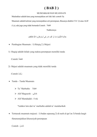 ( BAB 2 )
MUDZAKKAR DAN MUANNATS
Mudzakkar adalah kata yang menunjukkan arti laki laki contoh ‫ْت‬‫ي‬ِ‫ب‬
Muannats adalah kalimat yang menunjukkan arti perempuan, Biasanya diakhiri TA’ (‫)ة‬ atau ALIF
(‫ا‬/‫)ى‬, ada juga yang tidak bertanda Contoh : ُ‫ة‬‫ا‬‫م‬ِ‫اط‬‫ا‬‫ف‬
Nadhomnya
‫ألف‬ ‫أو‬ ‫تاء‬ ‫أنيث‬‫الت‬ ‫عالمة‬
#
‫كالكتف‬ ‫ا‬‫الت‬ ‫روا‬‫قد‬ ‫أسام‬ ‫فى‬ ‫و‬
 Pembagian Muannats : 1) Haiqiq 2.) Majazi
1) Haqiqi adalah lafadz yang makna perempuan memiliki tanda
Contoh :ُ‫ة‬‫ا‬‫م‬ِ‫اط‬‫ا‬‫ف‬
2) Majazi adalah muannats yang tidak memiliki tanda
Contoh ُ‫اب‬‫ن‬ْ‫ي‬ ‫زا‬
 Tanda – Tanda Muannats
 Ta’ Marbutho :ُ‫ة‬‫ا‬‫م‬ِ‫اط‬‫ا‬‫ف‬
 Alif Maqsuroh : ‫اى‬‫ن‬ْ‫س‬ُ‫ح‬
 Alif Mamdudah : ُ‫ء‬‫ا‬‫ا‬‫ض‬ْ‫ي‬‫ا‬‫ب‬
*redaksi lain dari ta’ marbutho adalah ta’ mutaharikah
 Termasuk muannats majazai : 1) badan sepasang 2) di nash al qur’an 3) benda langit
4)menumjukkan khususiyah perempuan
Contoh : ‫س‬ْ‫ام‬‫ش‬
 