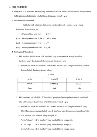 C. FI'IL MUDHORI'
 Pengertian Fi’il Mudhore’ kalimat yang mempunyai arti diri sendiri dan bersamaan dengan zaman
Hal ( sedang dilakukan) atau istiqbal (akan dilakukan) contoh : ُ‫ئ‬ْ‫ي‬ ِ‫ج‬‫ا‬‫ي‬
 Tanda tanda fi'il mudhori'
Didahului oleh salah satu dari empat huruf mudhoroah , yaitu : ‫ي‬،‫ن‬،‫أ‬
‫ت‬، yang
terkumpul dalam lafadz ‫نأتي‬
( ‫أ‬ ) : Menunjukkan saya ُ‫ب‬ ِ
‫ْر‬‫ض‬‫ا‬‫أ‬ = )‫متكلم‬ (
( ‫ن‬ ) : Menunjukkan kami ُ‫ب‬ ِ
‫ْر‬‫ض‬‫ا‬‫ن‬ = ) ‫الغير‬ ‫مع‬ ‫متكلم‬ (
( ‫ي‬ ) : Menunjukkan dia ُ‫ب‬ ِ
‫ْر‬‫ض‬‫ا‬‫ي‬ = ) ‫غائب‬ (
( ‫ت‬ ) : Menunjukkan kamu / dia = ُ‫ب‬ ِ
‫ر‬ْ‫ص‬‫ا‬‫ت‬
 Pembagian fi'il mudhori'
1. Fi'il mudhori' shohih akhir : fi’il mudhori’ yang akhirnya tidak berupa huruf illat
(alif,wawu,ya’) dan bukan af’alul khomsah. Contoh : ُ‫ب‬ ِ
‫ْر‬‫ض‬‫ا‬‫ي‬
 Tanda i’rob untuk fi’il mudhori’ shohih akhir adalah : Rofa’ dengan dhommah, Nashob
dengan fathah, dan jazm dengan sukun.
Contoh
ُ‫ب‬ ِ
‫ْر‬‫ض‬‫ا‬‫ي‬ ‫ا‬‫ب‬ ِ
‫ْر‬‫ض‬‫ا‬‫ي‬ ْ‫ن‬‫ا‬‫ل‬ ْ‫ب‬ ِ
‫ْر‬‫ض‬‫ا‬‫ي‬ ْ‫م‬‫ا‬‫ل‬
ROFA’ NASHOB JAZM
‫ضمة‬ ‫فتحة‬ ‫سكون‬
2. Fi’il mudhori’ mu’tal akhir : fi’il mudhori’ yang huruf akhirnya berupa salah satu huruf
illat (alif,wawu,ya’) dan bukan af’alul khomsah. Contoh : ْ‫ي‬ِ‫م‬ ْ‫ر‬‫ا‬‫ي‬
 Tanda i’rob untuk fi’il mudhori’ mu’tal akhir adalah : Rofa’ dengan dhommah yang
dikira”kan, nashob dengan fathah yang di kira”kan, jazm dengan membuang huruf illat.
o Fi’il mudhori’ mu’tal akhir dibagi menjadi 3 :
A. Mu’tal Alif : fi’il mudhori’ yang huruf akhirnya berupa alif.
B. Mu’tal ya’ : fi’il mudhori’ yang huruf akhirnya berupa ya’.
C. Mu’tal wawu : fi’il mudhori’ yang huruf akhirnya berupa wawu.
 