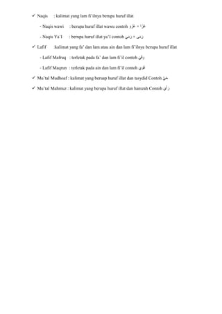  Naqis : kalimat yang lam fi’ilnya berupa huruf illat
- Naqis wawi : berupa huruf illat wawu contoh ‫ا‬‫ازا‬‫غ‬
×
‫ا‬‫و‬ ‫ازا‬‫غ‬
- Naqis Ya’I : berupa huruf illat ya’I contoh ‫ى‬‫ا‬‫م‬ ‫ا‬‫ر‬
×
‫ا‬‫ي‬‫ا‬‫م‬ ‫ا‬‫ر‬
 Lafif :kalimat yang fa’ dan lam atau ain dan lam fi’ilnya berupa huruf illat
- Lafif Mafruq : terletak pada fa’ dan lam fi’il contoh ‫ا‬‫ي‬‫ا‬‫ق‬ ‫ا‬‫و‬
- Lafif Maqrun : terletak pada ain dan lam fi’il contoh ‫ا‬‫ي‬ ‫ا‬‫و‬‫ا‬‫ق‬
 Mu’tal Mudhoaf : kalimat yang beruap huruf illat dan tasydid Contoh ّ‫ي‬‫ا‬‫ح‬
 Mu’tal Mahmuz : kalimat yang berupa huruf illat dan hamzah Contoh ‫ا‬‫ي‬‫ا‬‫أ‬‫ا‬‫ر‬
 