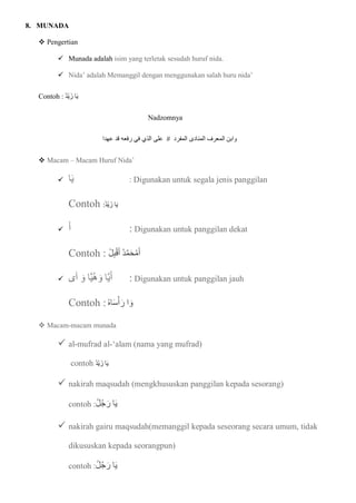 8. MUNADA
 Pengertian
 Munada adalah isim yang terletak sesudah huruf nida.
 Nida’ adalah Memanggil dengan menggunakan salah huru nida’
Contoh : ُ‫د‬ْ‫ي‬ ‫زا‬ ‫ا‬‫ا‬‫ي‬
Nadzomnya
‫عهدا‬ ‫قد‬ ‫رفعه‬ ‫في‬ ‫الذي‬ ‫على‬ ‫المفرد‬ ‫المنادى‬ ‫المعرف‬ ‫وابن‬
 Macam – Macam Huruf Nida’
 ‫ا‬‫ا‬‫ي‬ : Digunakan untuk segala jenis panggilan
Contoh :ُ‫د‬ْ‫ي‬ ‫زا‬ ‫ا‬‫ا‬‫ي‬
 ‫ا‬‫أ‬ : Digunakan untuk panggilan dekat
Contoh : ْ‫ل‬ِ‫ب‬ْ‫ق‬‫ا‬‫أ‬ ُ‫د‬ّ‫م‬‫ا‬‫ح‬ُ‫م‬‫ا‬‫أ‬
 ‫أى‬ ‫ا‬‫و‬ ‫ّا‬‫ي‬‫ه‬ ‫ا‬‫و‬ ‫ّا‬‫ي‬‫ا‬‫أ‬ : Digunakan untuk panggilan jauh
Contoh :ُ‫ه‬‫ا‬‫ا‬‫س‬ْ‫أ‬‫ا‬‫ر‬ ‫ا‬ ‫ا‬‫و‬
 Macam-macam munada
 al-mufrad al-‘alam (nama yang mufrad)
contoh ُ‫د‬ْ‫ي‬ ‫زا‬ ‫ا‬‫ا‬‫ي‬
 nakirah maqsudah (mengkhususkan panggilan kepada sesorang)
contoh :ُ‫ل‬ُ‫ج‬‫ا‬‫ر‬ ‫ا‬‫ا‬‫ي‬
 nakirah gairu maqsudah(memanggil kepada seseorang secara umum, tidak
dikususkan kepada seorangpun)
contoh :ُ‫ل‬ُ‫ج‬‫ا‬‫ر‬ ‫ا‬‫ا‬‫ي‬
 