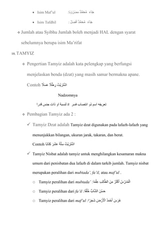  Isim Maf’ul :‫ا‬‫ب‬ ْ‫و‬ُ‫ْر‬‫ض‬‫ا‬‫م‬ ‫د‬ّ‫م‬‫ا‬‫ح‬ُ‫م‬ ‫ا‬‫ء‬‫ا‬‫ا‬‫ج‬
 Isim Tafdhil : ُ‫ل‬‫ا‬‫ض‬ْ‫ف‬‫ا‬‫أ‬ ‫د‬ّ‫م‬‫ا‬‫ح‬ُ‫م‬ ‫ا‬‫ء‬‫ا‬‫ا‬‫ج‬
 Jumlah atau Syibhu Jumlah boleh menjadi HAL dengan syarat
sebelumnya berupa isim Ma’rifat
10. TAMYIZ
 Pengertian Tamyiz adalah kata pelengkap yang berfungsi
menjelaskan benda (dzat) yang masih samar bermakna apane.
Contoh ‫ال‬‫ا‬‫س‬‫ا‬‫ع‬ ‫ال‬ْ‫ط‬ ِ
‫ر‬ ُ‫ْت‬‫ي‬‫ا‬‫ار‬‫ت‬ْ‫ش‬‫ا‬
Nadzomnya
‫فسر‬ ‫انتصاب‬ ‫ذو‬ ‫اسم‬ ‫تعريفه‬
‫قدرا‬ ‫جنس‬ ‫ذات‬ ‫او‬ ‫لنسبة‬
 Pembagian Tamyiz ada 2 :
 Tamyiz Dzat adalah Tamyiz dzat digunakan pada lafazh-lafazh yang
menunjukkan bilangan, ukuran jarak, takaran, dan berat.
Contoh ‫ا‬‫ااب‬‫ت‬ِ‫ك‬ ‫ا‬‫ار‬‫ش‬‫ا‬‫ع‬ ‫ا‬‫ة‬ّ‫ت‬ِ‫س‬ ُ‫ْت‬‫ي‬‫ا‬‫ار‬‫ت‬ْ‫ش‬‫ا‬
 Tamyiz Nisbat adalah tamyiz untuk menghilangkan kesamaran makna
umum dari penisbatan dua lafazh di dalam tarkib jumlah. Tamyiz nisbat
merupakan peralihan dari mubtada’, fa’il, atau maf’ul .
o Tamyiz peralihan dari mubtada’ :‫ا‬‫م‬ْ‫ل‬ِ‫ع‬ ِ‫ب‬ِ‫ل‬‫ا‬ّ‫الط‬ ‫نا‬ِ‫م‬ ُ‫ر‬‫ا‬‫ث‬ْ‫ك‬‫ا‬‫أ‬ ُ‫س‬ ِ
‫ر‬‫ا‬‫د‬ُ‫م‬ْ‫ال‬
o Tamyiz peralihan dari fa’il :‫ا‬‫ق‬ُ‫ل‬ُ‫خ‬ ُّ‫اب‬ّ‫ش‬‫ال‬ ‫نا‬ُ‫س‬‫ا‬‫ح‬
o Tamyiz peralihan dari maf’ul :‫ا‬‫ر‬‫ا‬‫ج‬‫ا‬‫ش‬ ‫ا‬
‫ض‬ ْ‫ر‬‫ا‬ ْ
‫اْل‬ ُ‫د‬‫ا‬‫م‬ْ‫ح‬‫ا‬‫أ‬ ‫ا‬
‫س‬ ‫ا‬‫ار‬‫غ‬
 