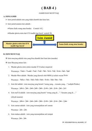 PP. ASSUNNIYYAH AL JAUHARI| 37
( BAB 4 )
JAMID DAN MUSYTAQ
A. ISIM JAMID
 Isim jamid adalah isim yang tidak diambil dari kata lain.
 Isim jamid anatara lain adalah :
Nama (baik orang atau benda) Contoh ُ‫َب‬‫ن‬ْ‫ي‬َ‫ز‬
Masdar ghoiru mim dari fi’il madhi tiga huruf contoh ‫ا‬‫م‬ْ‫ل‬ِ‫ع‬
B. ISIM MUSYTAQ
 Isim musytaq adalah isim yang bisa diambil dari kata lain (masdar)
 Isim Musytaq antara lain :
1. Masdar ghoiru mim selain masdar fi’il tsulasi mujarrod
Wazannya : ِ‫ع‬ْ‫ف‬َ‫ت‬ ، ‫ْال‬‫ي‬ِ‫ع‬ْ‫ف‬َ‫ت‬
‫اَل‬َ‫ع‬ْ‫ف‬ِ‫ت‬ْ‫س‬ِ‫ا‬ ، ‫لضاَل‬ِ‫ع‬ْ‫ف‬ِ‫ا‬ ، ‫اَل‬َ‫ع‬ِ‫ف‬ْ‫ن‬ِ‫ا‬ ، ‫اَل‬َ‫ع‬ِ‫ت‬ْ‫ف‬ِ‫ا‬ ، ‫ال‬ُّ‫ع‬َ‫ف‬َ‫ت‬ ، ‫ُال‬‫ع‬‫ا‬َ‫ف‬َ‫ت‬ ، ‫اَل‬َ‫ع‬ْ‫ف‬ِ‫إ‬ ، ‫ة‬َ‫ل‬َ‫ع‬‫ا‬َ‫ف‬ُ‫م‬ ، ‫ة‬َ‫ل‬
2. Masdar Mim adalah : Masdar yang diawali oleh MIM (‫)م‬ selain wazan ‫ة‬َ‫ل‬َ‫ع‬‫ا‬َ‫ف‬ُ‫م‬
Wazanya : ‫ال‬َ‫ع‬ْ‫ف‬َ‫ت‬ْ‫س‬ُ‫م‬ ، ‫ال‬َ‫ع‬ْ‫ف‬ُ‫م‬ ، ‫ال‬َ‫ع‬َ‫ف‬ْ‫ن‬ُ‫م‬ ،‫ال‬َ‫ع‬َ‫ت‬ْ‫ف‬ُ‫م‬ ،‫ال‬َ‫ع‬َ‫ف‬َ‫ت‬ُ‫م‬ ، ‫ال‬َ‫ع‬‫ا‬َ‫ف‬َ‫ت‬ُ‫م‬ ، ‫ال‬َ‫ع‬ْ‫ف‬ُ‫م‬، ‫ال‬ّ‫ع‬َ‫ف‬ُ‫م‬ ، ‫ال‬َ‫ع‬ْ‫ف‬ُ‫م‬
3. Isim fail adalah : isim musytaq yang berarti “orang yang..../sesuatu yang....” (subjek/Pelaku)
Wazanya : ، ‫ل‬ِ‫ع‬‫ا‬َ‫ف‬ُ‫م‬ ، ‫ل‬ِ‫ع‬َ‫ف‬ُ‫م‬ ، ‫ل‬ِ‫ع‬‫ا‬َ‫ف‬
‫ل‬ِ‫ع‬ْ‫ف‬َ‫ت‬ْ‫س‬ُ‫م‬ ، ‫ل‬َ‫ع‬ْ‫ف‬ُ‫م‬ ، ‫ل‬ِ‫ع‬َ‫ف‬ْ‫ن‬ُ‫م‬، ‫ل‬ِ‫ع‬َ‫ت‬ْ‫ف‬ُ‫م‬ ، ‫ل‬ِ‫ع‬َ‫ف‬َ‫ت‬ُ‫م‬ ، ‫ل‬ِ‫ع‬‫ا‬َ‫ف‬َ‫ت‬ُ‫م‬ ، ‫ل‬ِ‫ع‬ْ‫ف‬ُ‫م‬
4. Isim maf’ul adalah : isim musytaq yang berarti “orang yang di....” / Sesuatu yang di.....”
(obyek/sasaran)
Wazanya : ، ‫ل‬ ْ‫و‬ُ‫ع‬ْ‫ف‬َ‫م‬
ُ‫م‬ ، ‫ل‬َ‫ع‬ْ‫ف‬ُ‫م‬ ، ‫ل‬َ‫ع‬‫ا‬َ‫ف‬ُ‫م‬ ، ‫ل‬ّ‫ع‬َ‫ف‬ُ‫م‬
‫ل‬َ‫ع‬ْ‫ف‬َ‫ت‬ْ‫س‬ُ‫م‬ ، ‫ل‬َ‫ع‬ْ‫ف‬ُ‫م‬ ، ‫ل‬َ‫ع‬َ‫ف‬ْ‫ن‬ُ‫م‬، ‫ل‬َ‫ع‬َ‫ت‬ْ‫ف‬ُ‫م‬ ، ‫ل‬ّ‫ع‬َ‫ف‬َ‫ت‬ُ‫م‬ ، ‫ل‬َ‫ع‬‫ا‬َ‫ف‬َ‫ت‬
5. Isim zaman adalah : isim yang menunjukkan arti zaman
Wazanya : ‫ل‬ِ‫ع‬ْ‫ف‬َ‫م‬ ، ‫ل‬َ‫ع‬ْ‫ف‬َ‫م‬
6. Isim makan adalah : isim yang menunjukkan arti tempat
Wazanya :‫ل‬ِ‫ع‬ْ‫ف‬َ‫م‬ ، ‫ل‬َ‫ع‬ْ‫ف‬َ‫م‬
Isim Jamid
Nama (baik orang atau benda)
Masdar ghoiru mim dari fi’il
madhi tiga huruf
 
