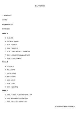 PP. ASSUNNIYYAH AL JAUHARI| 4
DAFTAR ISI
COVER BUKU
MOTTO
MUQODDIMAH
DAFTAR ISI
FASAL 1
A. KALAM
B. MU’ROB MABNI
C. ISIM MUFROD
D. ISIM TASNIYAH
E. ISIM JAMAK MUDZAKAR SALIM
F. ISIM JAMAK MUDZAKAR SALIM
G. ISIM JAMAK TAKSIR
FASAL 2
A. NAKIROH
B. MAKRIFAT
C. MUDZAKAR
D. MUANNATS
E. ISIM ADAD
F. ISIM JAMID
G. ISIM MUSYTAQ
FASAL 3
A. FI’IL MADHI, MUDHORE’ DAN AMR
B. FI’IL MUJARRAD DAN MAZID
C. FI’IL MUTA’ADI DAN LAZIM
 