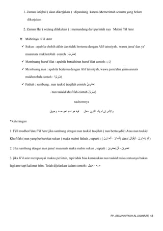 PP. ASSUNNIYYAH AL JAUHARI| 43
1. Zaman istiqbal ( akan dikerjakan ) : dipandang karena Memerintah sesuatu yang belum
dikerjakan
2. Zaman Hal ( sedang dilakukan ) : memandang dari perintah nya Mabni fi'il Amr
 Mabninya Fi’il Amr
 Sukun : apabila shohih akhir dan tidak bertemu dengan Alif tatsniyah , wawu jama' dan ya'
muannats mukhotobah contoh : ْ‫ب‬ ِ
‫ْر‬‫ض‬ِ‫إ‬
 Membuang huruf illat : apabila berakhiran huruf illat contoh : ِ‫م‬ ْ‫ر‬ِ‫إ‬
 Membuang nun : apabila bertemu dengan Alif tatsniyah, wawu jama'dan ya'muannats
mukhotobah contoh : ‫ا‬ ْ‫ُو‬‫ب‬ ِ
‫ْر‬‫ض‬ِ‫إ‬
 Fathah : sambung . nun taukid tsaqilah contoh ْ‫ض‬ِ‫إ‬
ّ‫ن‬َ‫ب‬ ِ
‫ر‬
. nun taukid khofifah contoh ْ‫ن‬َ‫ب‬ ِ
‫ْر‬‫ض‬ِ‫إ‬
nadzomnya
‫يك‬ ‫لم‬ ‫إن‬ ‫واْلمر‬
‫وحيهل‬ ‫صه‬ ‫نحو‬ ‫اسم‬ ‫هو‬ ‫فيه‬ ‫محل‬ ‫للنون‬
*Keterangan
1. Fi'il mudhori'dan fi'il Amr jika sambung dengan nun taukid tsaqilah ( nun bertasydid) Atau nun taukid
Khofifah ( nun yang berharokat sukun ) maka mabni fathah , seperti : ( ّ‫ر‬ُ‫ص‬ٔ
‫ن‬ُ‫ا‬
-
ْ‫ن‬ َ‫ر‬ُ‫ص‬ْ‫ن‬ُ‫ا‬ ) dan ( ْ‫ن‬ َ‫ر‬ُ‫ص‬ْ‫ن‬َ‫ي‬ ْ‫م‬َ‫ل‬
-
ّ‫ن‬َ‫ل‬ ْ‫و‬ُ‫ق‬َ‫ي‬َ‫ل‬ )
2. Jika sambung dengan nun jama' muannats maka mabni sukun , seperti : َ‫ْن‬‫ب‬ ِ
‫ْر‬‫ض‬َ‫ي‬ ْ‫ن‬َ‫ل‬ ، َ‫ْن‬‫ب‬ ِ
‫ْر‬‫ض‬ِ‫ا‬
3. jika fi’il amr mempunyai makna perintah, tapi tidak bisa kemasukan nun taukid maka statusnya bukan
lagi amr tapi kalimat isim. Telah dijelaskan dalam contoh : ‫حيهل‬ ، ‫صه‬
 