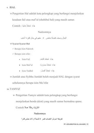 PP. ASSUNNIYYAH AL JAUHARI| 72
9. HAL
 Pengertian Hal adalah kata pelengkap yang berfungsi menjelaskan
keadaan fail atau maf’ul (shohibul hal) yang masih samar.
Contoh : ‫ا‬‫ِي‬‫ش‬َ‫م‬ ‫د‬ّ‫م‬َ‫ح‬ُ‫م‬ َ‫ء‬‫ا‬َ‫ج‬
Nadzomnya
# ‫منتص‬ ‫فضلة‬ ‫وصف‬ ‫الحال‬
‫أذهب‬ ‫كفردا‬ ‫حال‬ ‫في‬ ‫مفهم‬
 Syarat-Syarat Hal
 Berupa Isim Nakiroh
 Berupa isim sifat :
 Isim Fail :‫د‬‫م‬ِ‫ئ‬‫ا‬َ‫ق‬ ‫د‬ّ‫م‬َ‫ح‬ُ‫م‬ َ‫ء‬‫ا‬َ‫ج‬
 Isim Maf’ul :‫ا‬‫ب‬ ْ‫و‬ُ‫ْر‬‫ض‬َ‫م‬ ‫د‬ّ‫م‬َ‫ح‬ُ‫م‬ َ‫ء‬‫ا‬َ‫ج‬
 Isim Tafdhil : ُ‫ل‬َ‫ض‬ْ‫ف‬َ‫أ‬ ‫د‬ّ‫م‬َ‫ح‬ُ‫م‬ َ‫ء‬‫ا‬َ‫ج‬
 Jumlah atau Syibhu Jumlah boleh menjadi HAL dengan syarat
sebelumnya berupa isim Ma’rifat
10. TAMYIZ
 Pengertian Tamyiz adalah kata pelengkap yang berfungsi
menjelaskan benda (dzat) yang masih samar bermakna apane.
Contoh ‫ال‬َ‫س‬َ‫ع‬ ‫ال‬ْ‫ط‬ ِ
‫ر‬ ُ‫ْت‬‫ي‬ َ‫َر‬‫ت‬ْ‫ش‬‫ا‬
Nadzomnya
‫فسر‬ ‫انتصاب‬ ‫ذو‬ ‫اسم‬ ‫تعريفه‬
#
‫قدرا‬ ‫جنس‬ ‫ذات‬ ‫او‬ ‫لنسبة‬
 